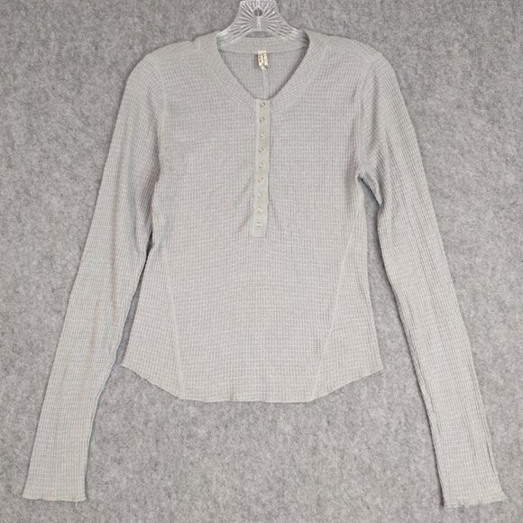 Free People Shirt Womens Sz L Gray One of the Girls Henley Waffle Long Sleeve - Picture 2 of 11